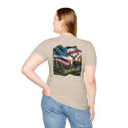 40 Yards Out American Flag Buck Unisex Softstyle T-Shirt