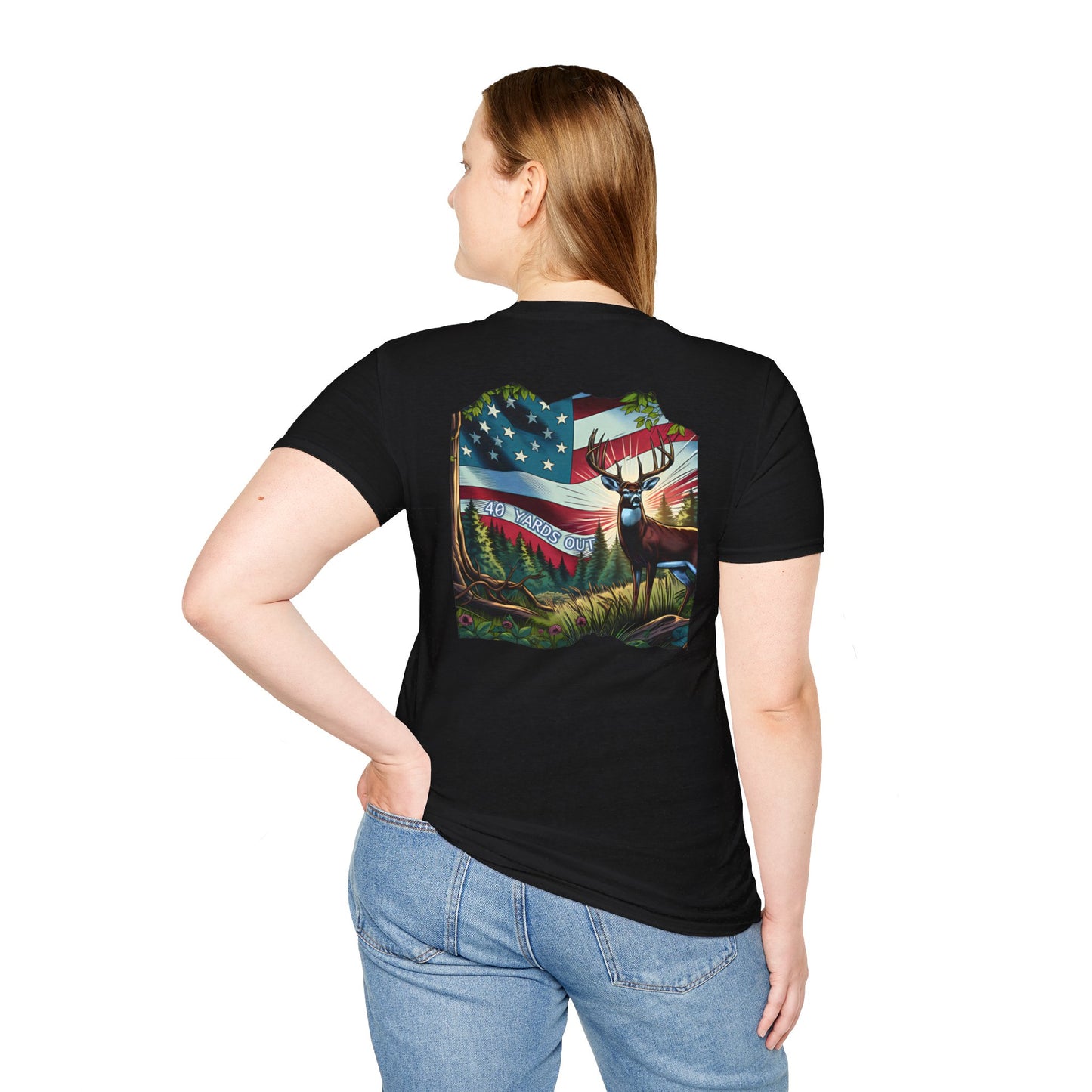 40 Yards Out American Flag Buck Unisex Softstyle T-Shirt
