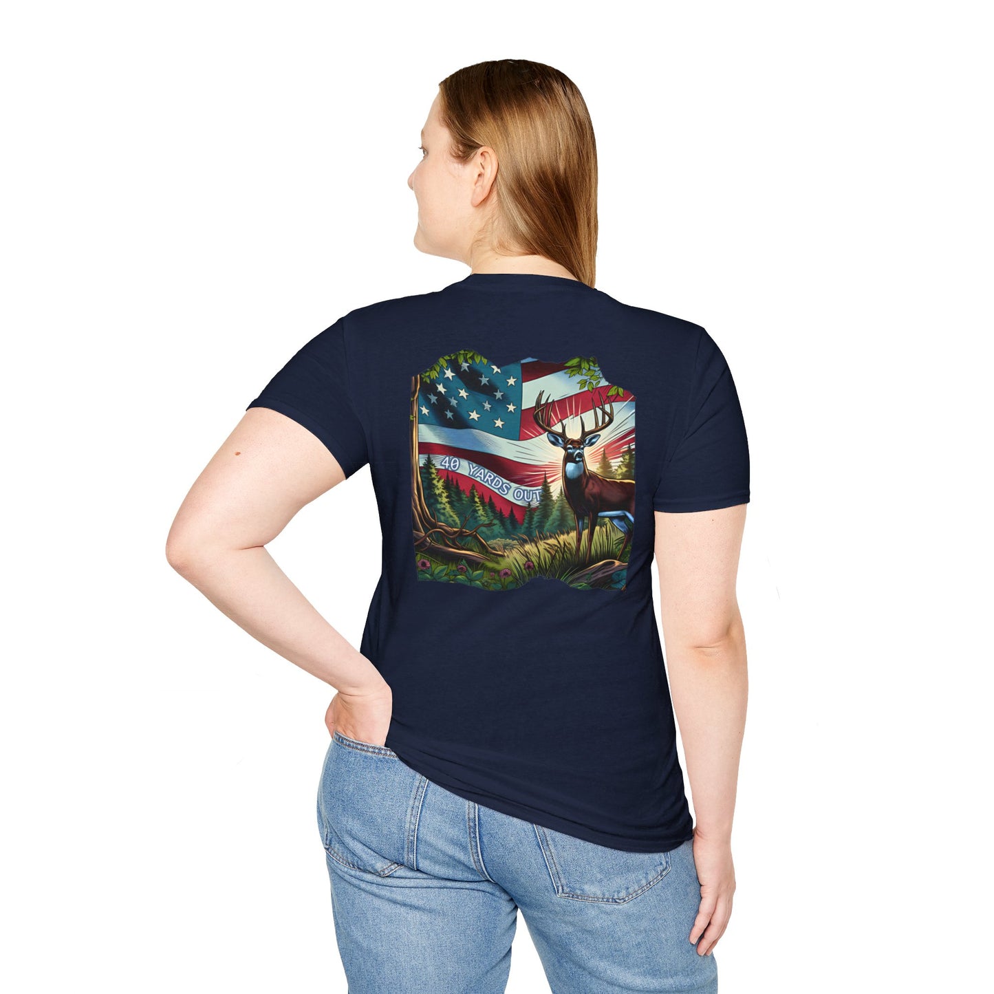 40 Yards Out American Flag Buck Unisex Softstyle T-Shirt