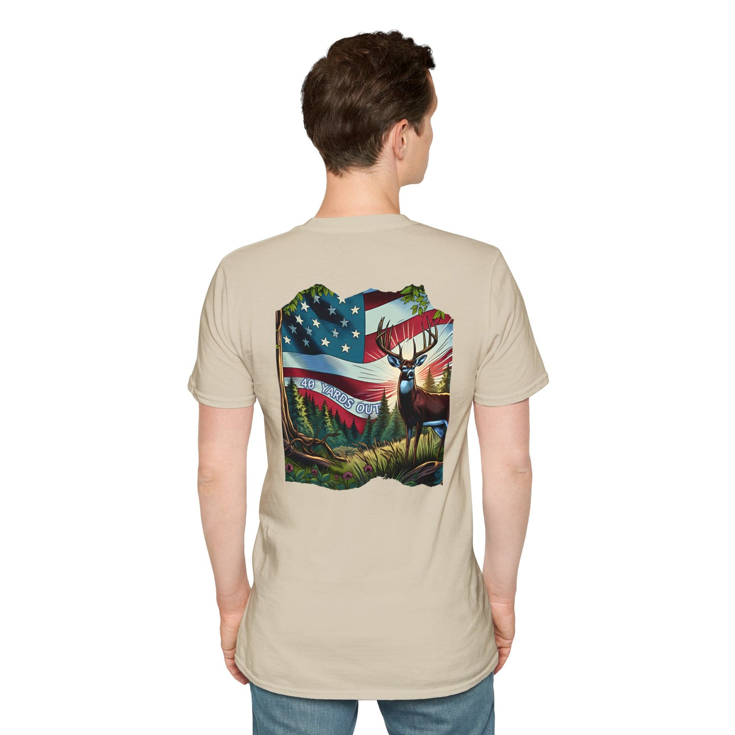 40 Yards Out American Flag Buck Unisex Softstyle T-Shirt