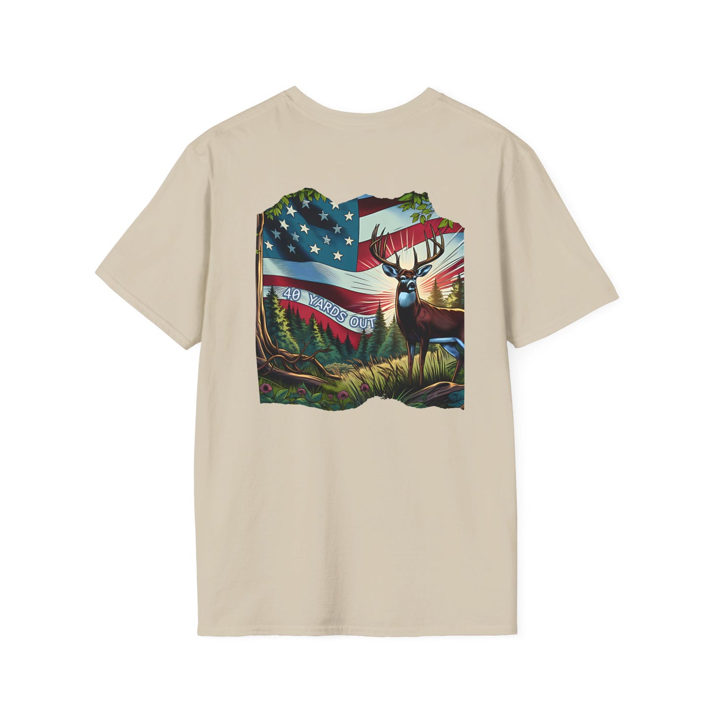 40 Yards Out American Flag Buck Unisex Softstyle T-Shirt