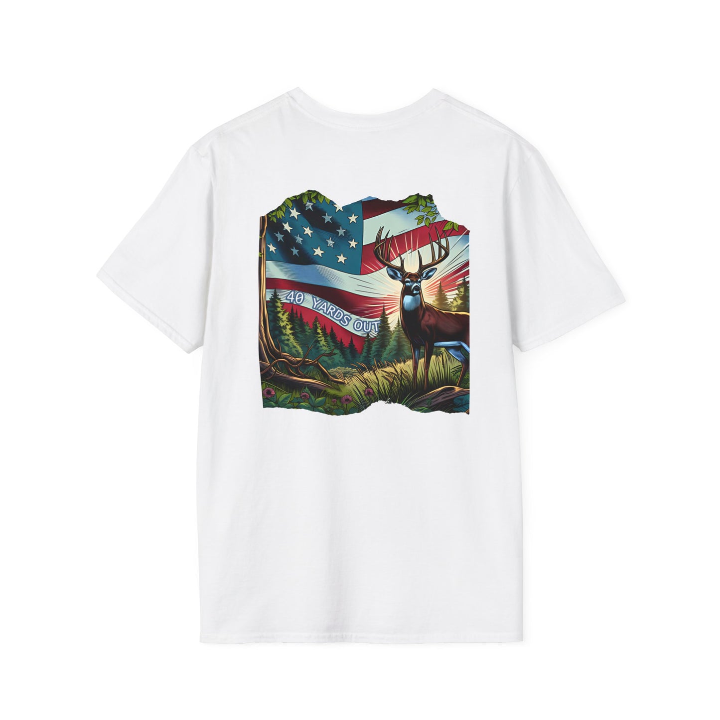 40 Yards Out American Flag Buck Unisex Softstyle T-Shirt