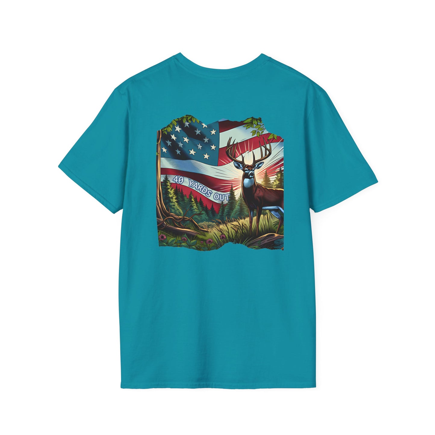 40 Yards Out American Flag Buck Unisex Softstyle T-Shirt