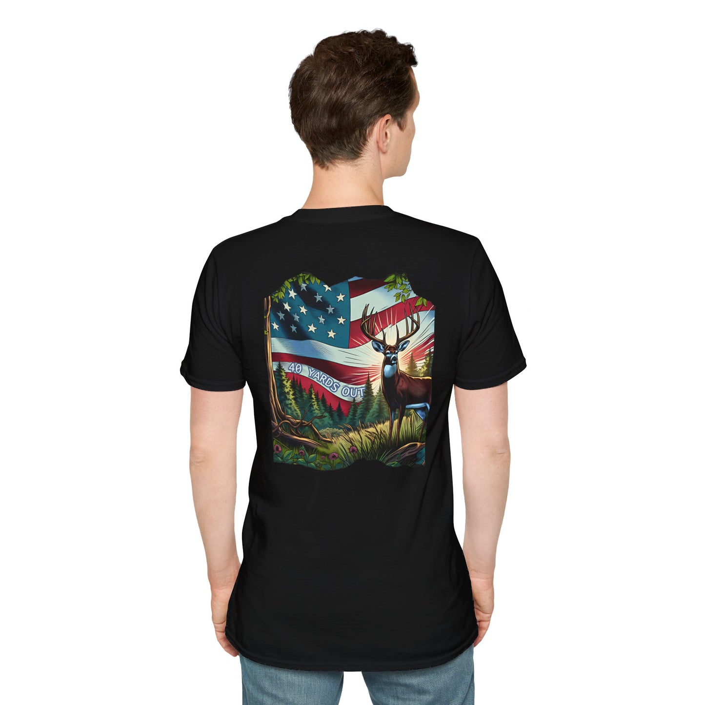40 Yards Out American Flag Buck Unisex Softstyle T-Shirt