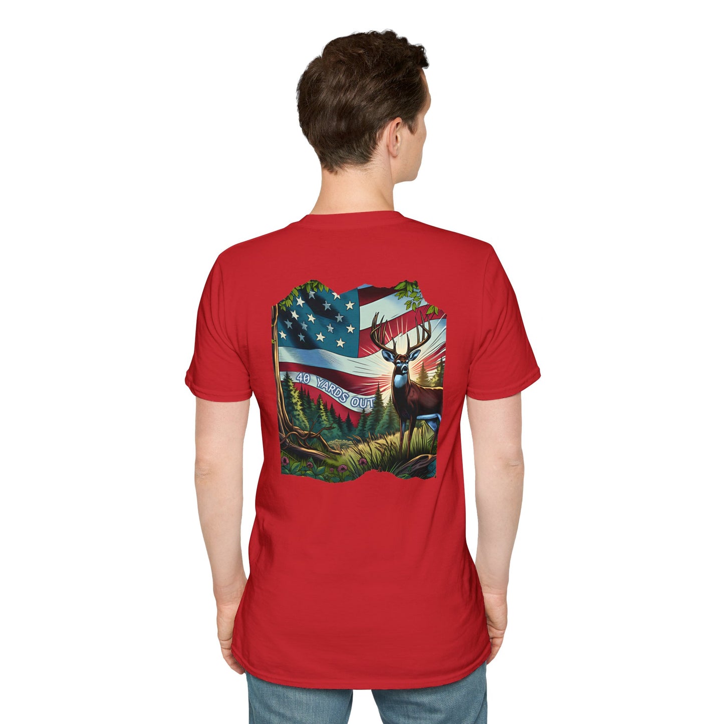 40 Yards Out American Flag Buck Unisex Softstyle T-Shirt