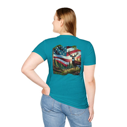 40 Yards Out American Flag Buck Unisex Softstyle T-Shirt
