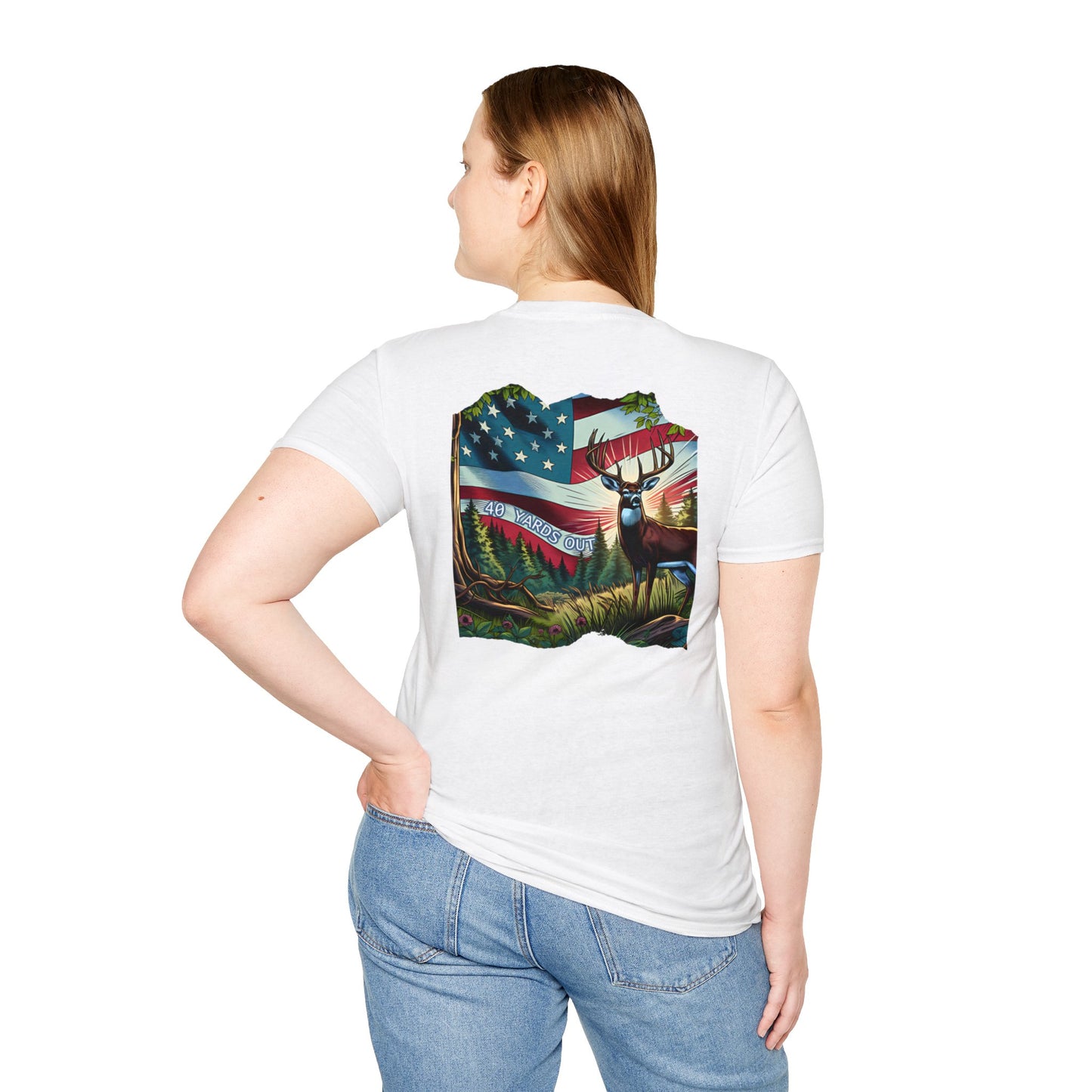 40 Yards Out American Flag Buck Unisex Softstyle T-Shirt